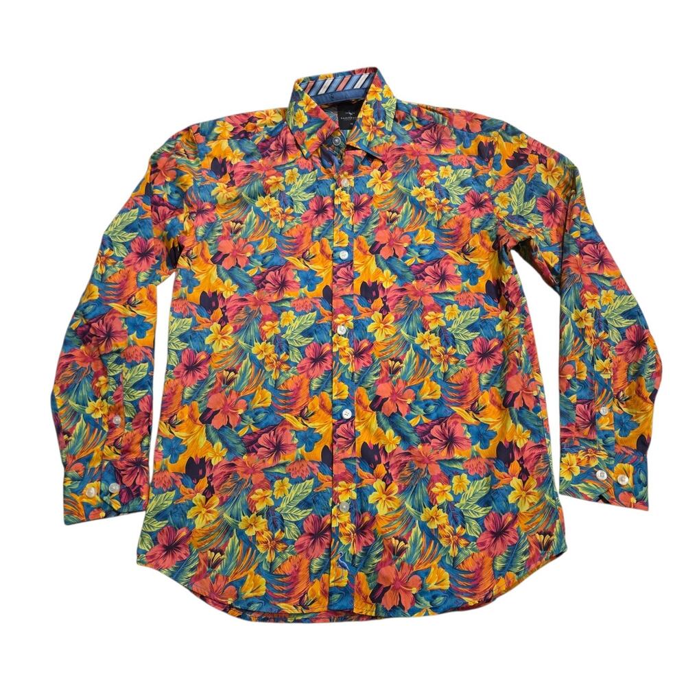 Tailorbyrd Boys Button Down Shirt Sz 14 Floral L-Sleeve Beach Hibiscus Vacation